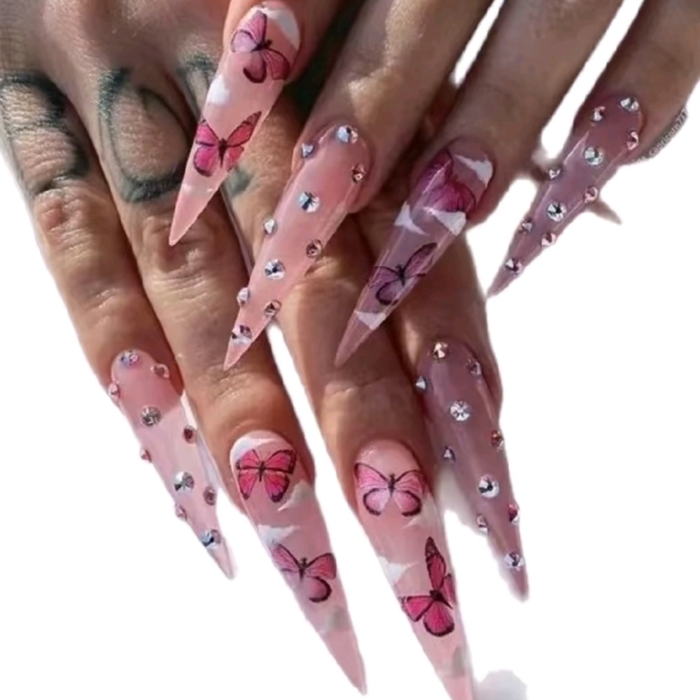Pink Butterfly Nail Art with Rhinestones